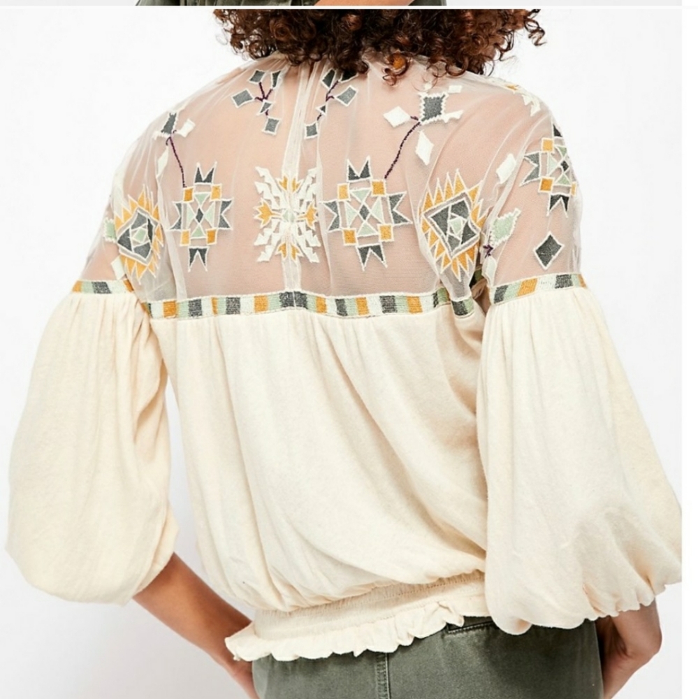 Free People Cream Blouse with Multicolor Embroidered Yoke - Picture 3 of 5
